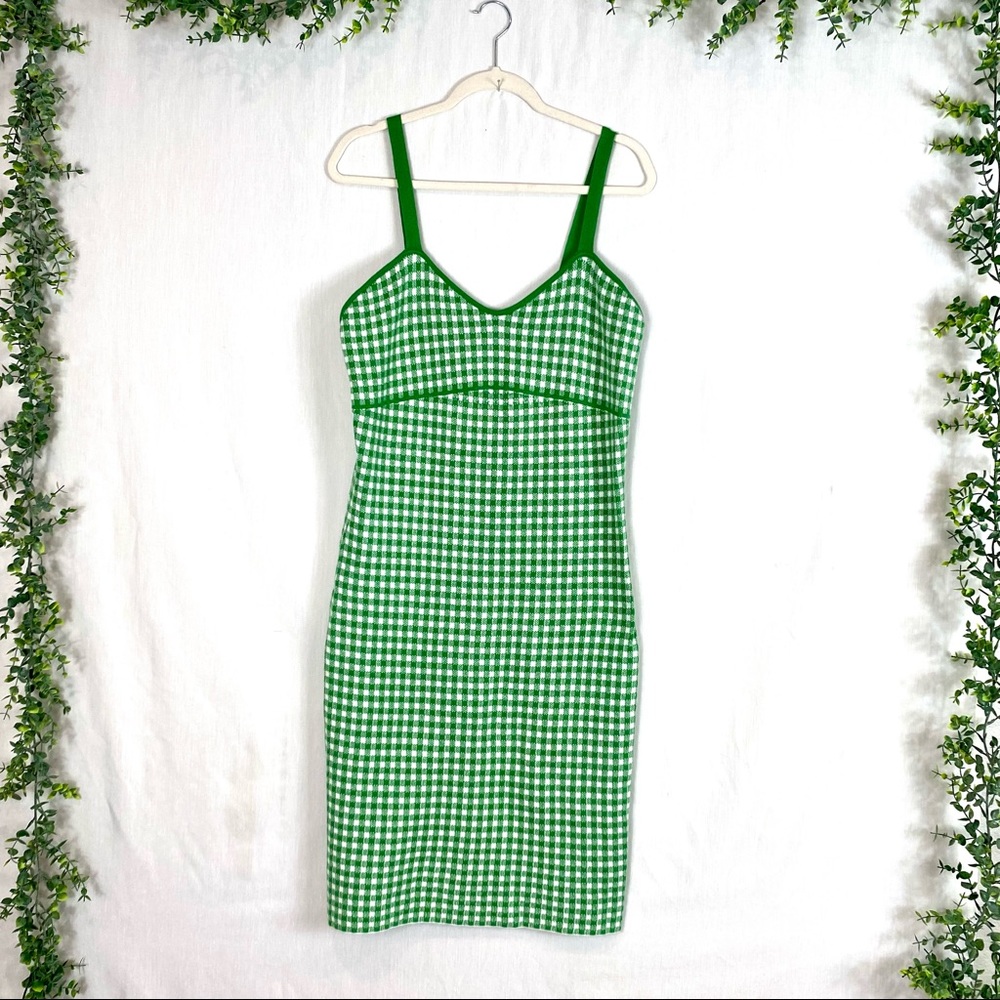 Anthropologie Green Gingham Knit Mini Dress - Picture 2 of 12